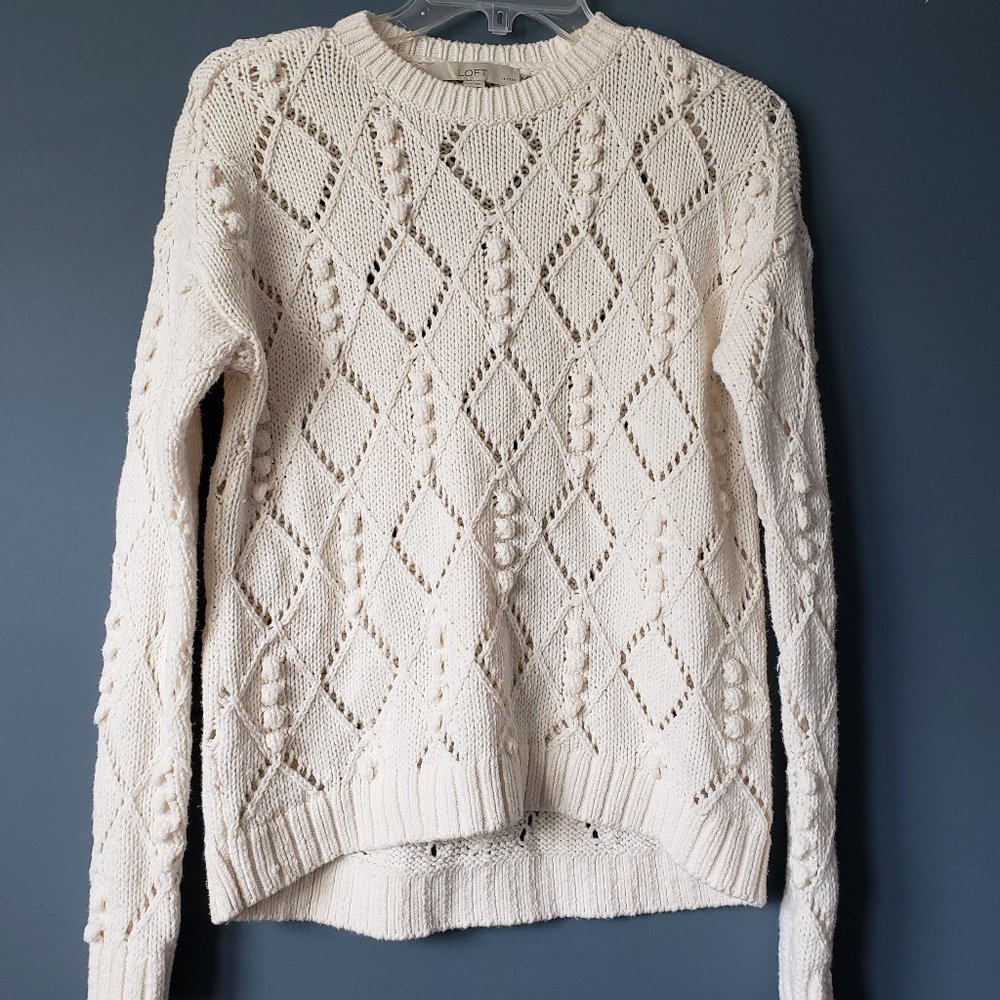 LOFT Petite Bobble Sweater Ivory Pointelle Knit XXS